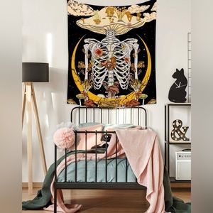 Mushroom head skeleton body with moon trippy hippie witchy tapestry wall art